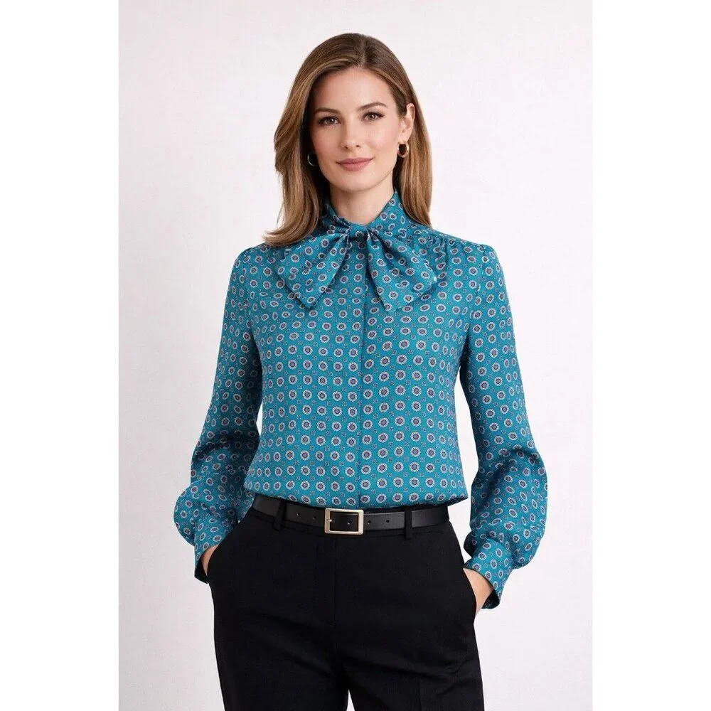 VTG Career Blouse w/ Neck Bow Button Shirt Women M Professional Office Tie Neck - Picture 9 of 9